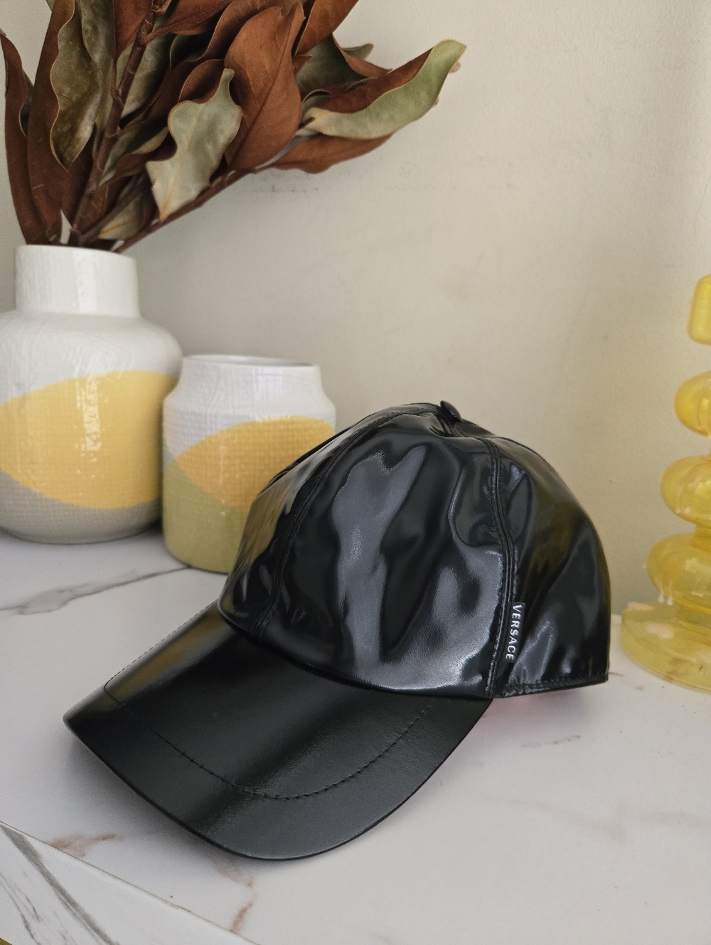 EUC Vintage Gianni Versace Black Patent Baseball Cap Hat Unisex Size 58 cm